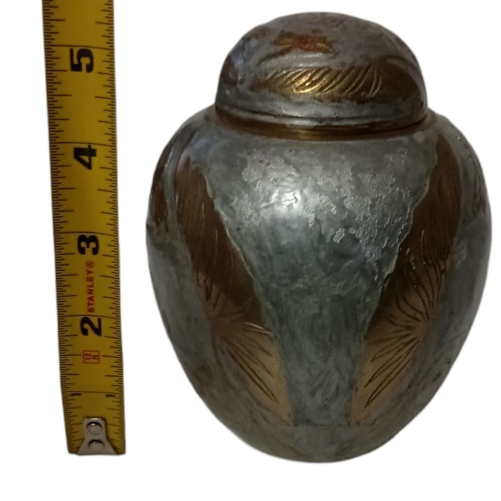 Vintage Brass Ginger Jar Urn Vase Painted Silver Dragonfly Lotus Flowers Patina. - Picture 2 of 16